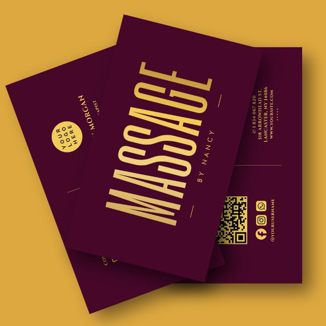 Carte De Visite Code QR Logo Thérapeute de Massage Bordeaux & Or   (Créateur téléchargé)
