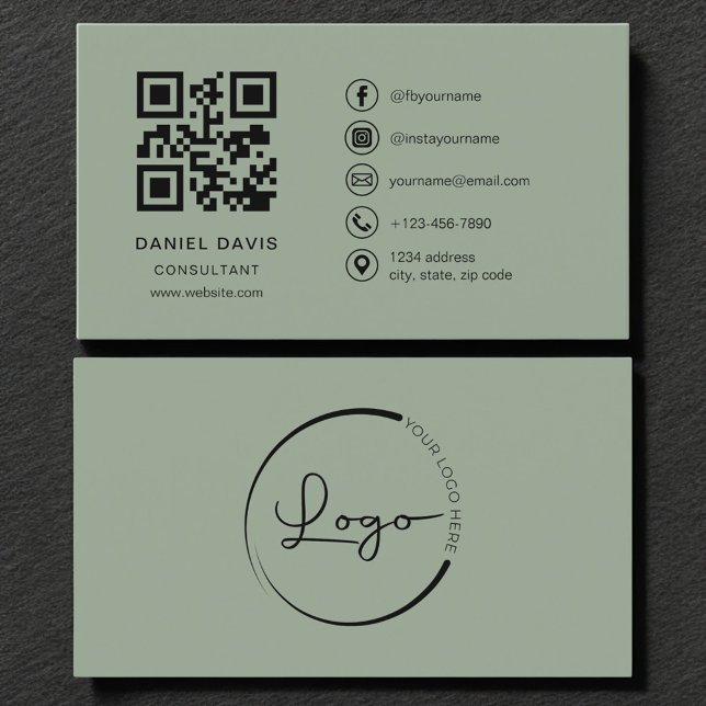 Carte De Visite Code QR Logo Vert Sauge Consultant  (Créateur téléchargé)