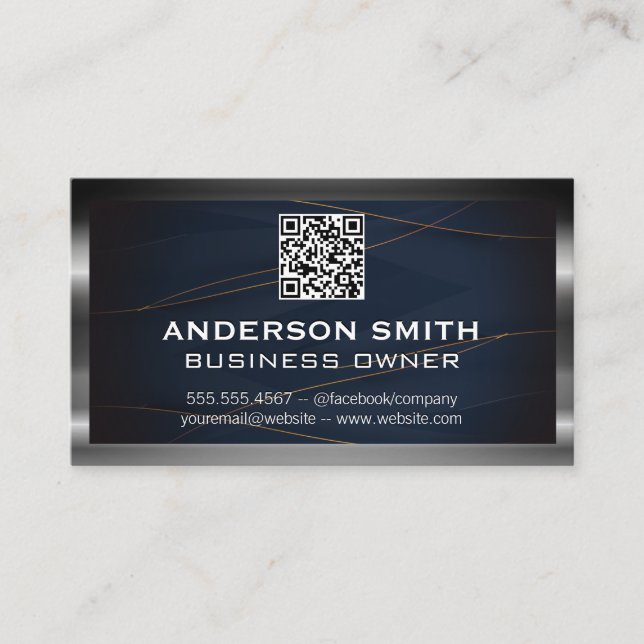 Carte De Visite Code QR | Luxe Blue Gold Lines | Bordure métalliqu (Devant)