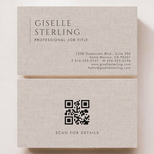Carte De Visite Code QR Luxe en Lin Naturel Brun (Créateur téléchargé)