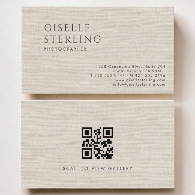 Carte De Visite Code QR Luxe Lin Épuré Photographe (Créateur téléchargé)