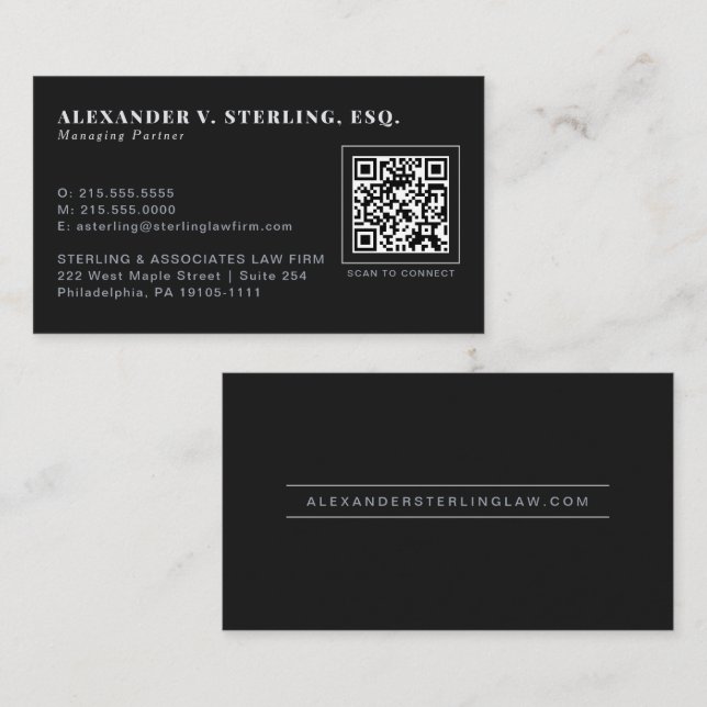 Carte De Visite Code QR Luxe Professionnel Argent Noir Moderne (Devant / Derrière)