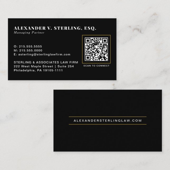 Carte De Visite Code QR Luxe Professionnel Or Noir Moderne (Devant / Derrière)