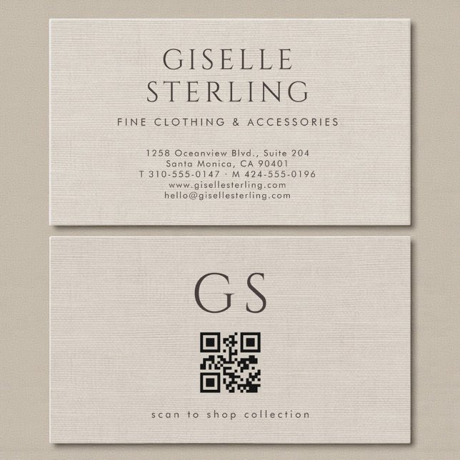 Carte De Visite Code QR Luxe Vêtements de Boutique en Lin  (Créateur téléchargé)