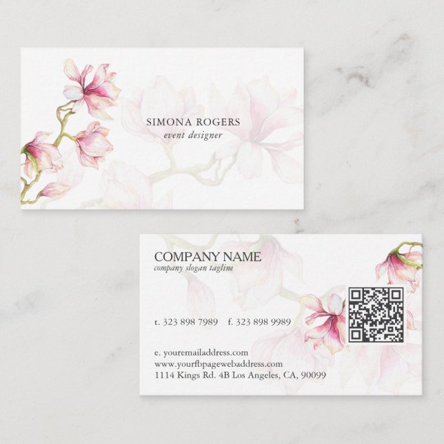 Carte De Visite Code QR Magnolia Rose Aquarelle (Devant / Derrière)