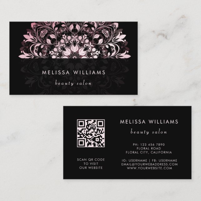 Carte De Visite Code QR | Mandala Floral Noir Rose Brillante (Devant / Derrière)