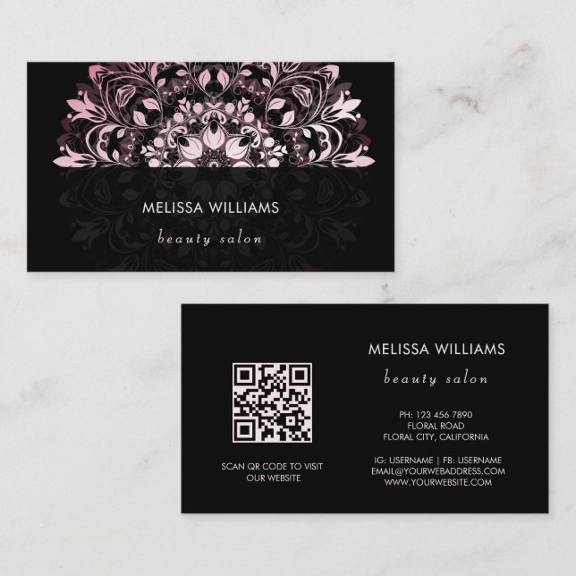 Carte De Visite Code QR | Mandala Floral Noir Rose Brillante (Devant / Derrière)