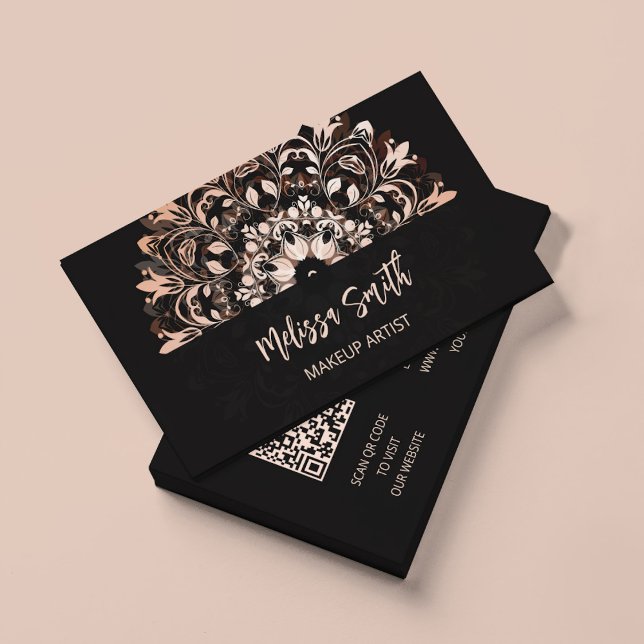 Carte De Visite Code QR | Mandala Floral Or Rose Noir (Créateur téléchargé)
