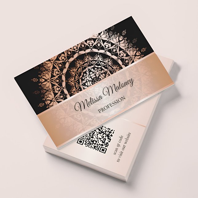 Carte De Visite Code QR Mandala Noir Or Rose (Créateur téléchargé)