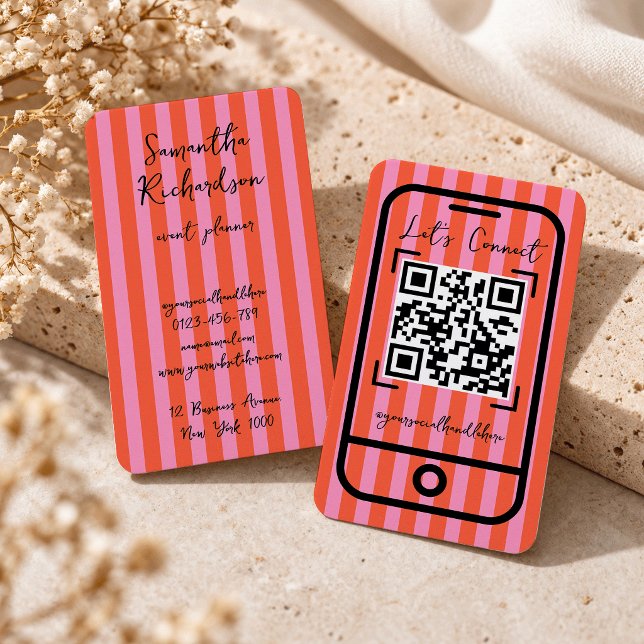 Carte De Visite Code QR manuscrit Cherry Pink Groovy Stripes (Créateur téléchargé)