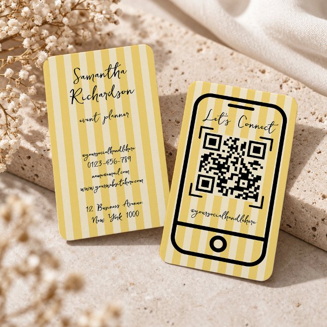 Carte De Visite Code QR manuscrit jaune à rayures groovy (Créateur téléchargé)