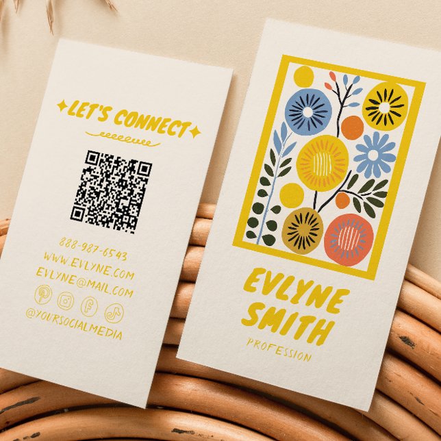 Carte De Visite Code QR manuscrit Jaune Gras Rétro Floral (Créateur téléchargé)