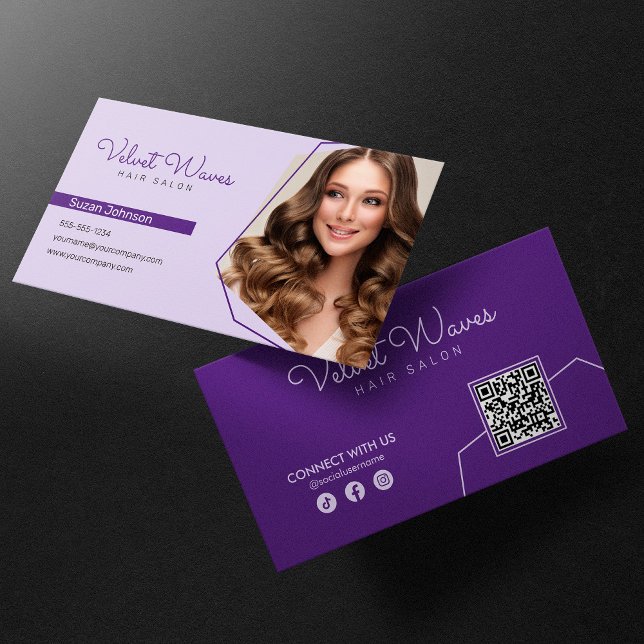 Carte De Visite Code QR Maquillage Coiffeur Violet Élégant Moderne (Créateur téléchargé)