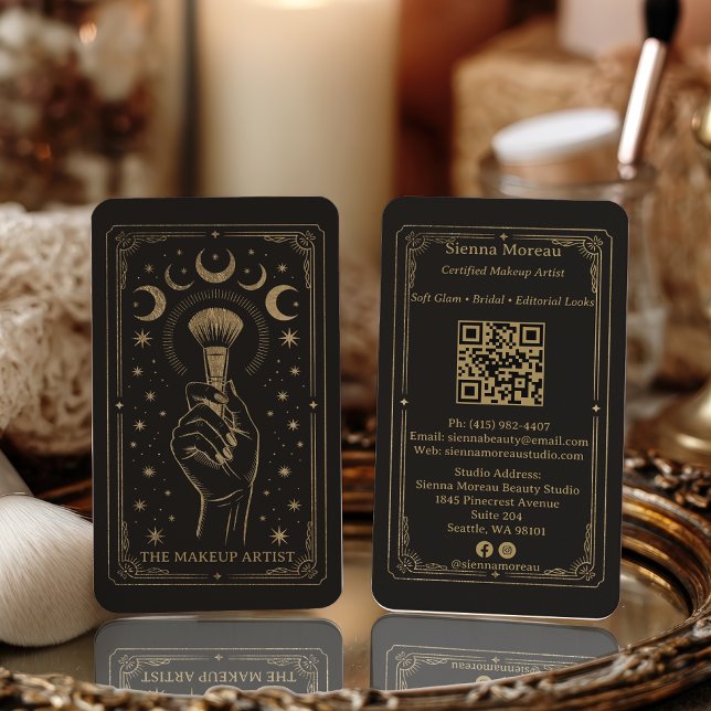 Carte De Visite Code QR Maquillage Tarot Céleste Rétro Or (Gold Retro Celestial Tarot Makeup QR Code Business Card)