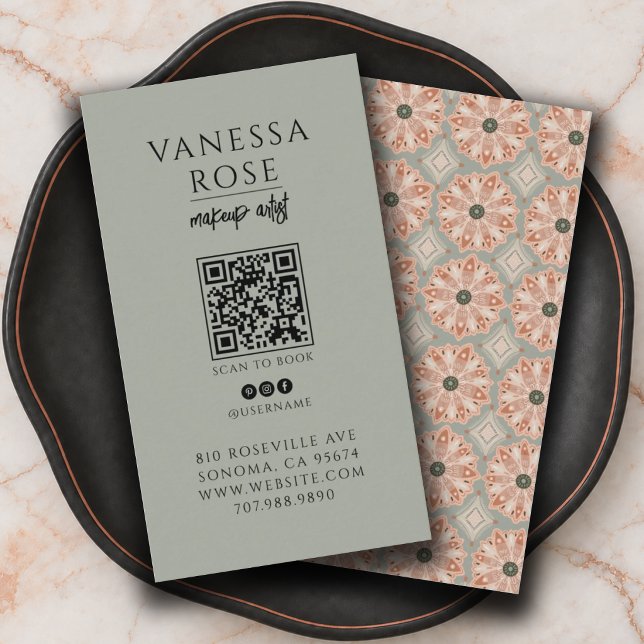 Carte De Visite Code QR Maquilleuse Boho Terracotta Sage Floral  (Créateur téléchargé)