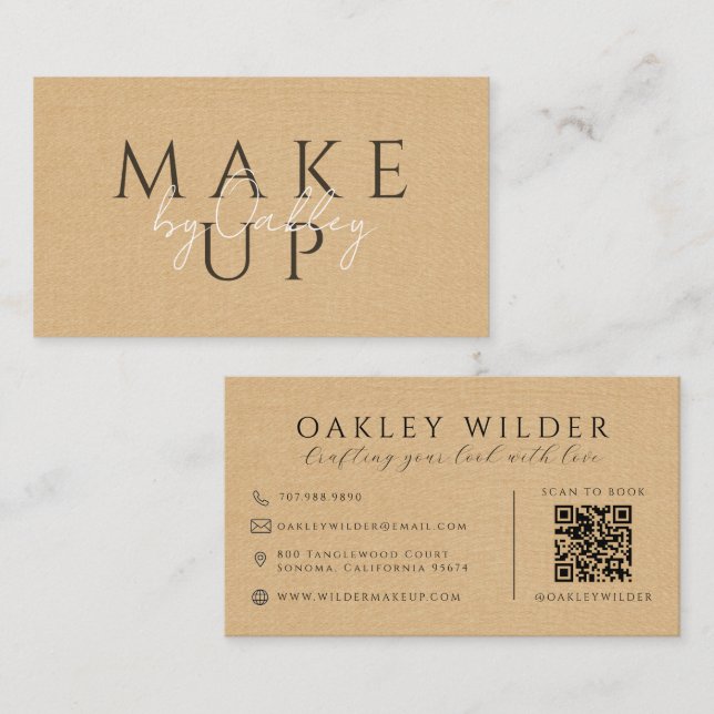 Carte De Visite Code QR Maquilleuse Faux Lin Beige (Devant / Derrière)