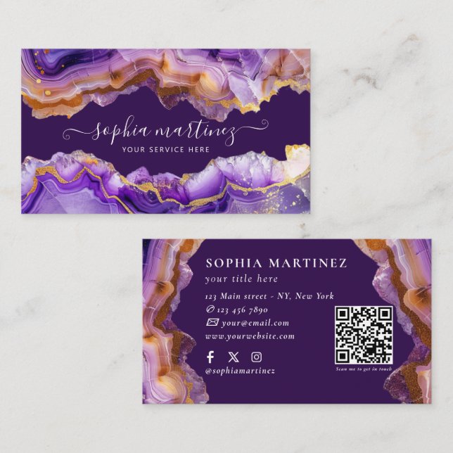 Carte De Visite Code QR marbre abstrait agate violette paillettes  (Devant / Derrière)