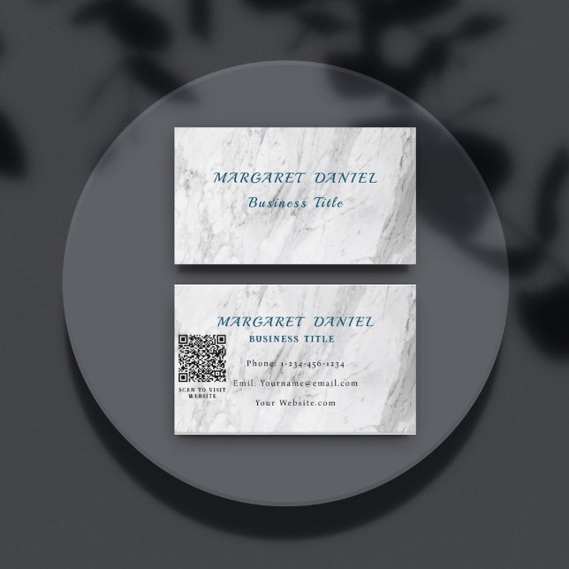Carte De Visite Code QR Marbre Blanc Bleu Ciel (Créateur téléchargé)