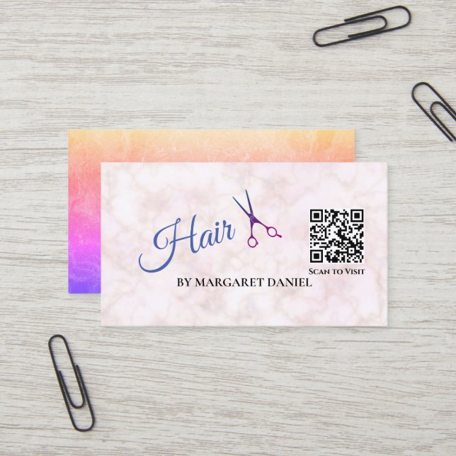 Carte De Visite Code QR Marbre Blanc Coupe de Cheveux Design Popul (Devant/Arrière en situation)