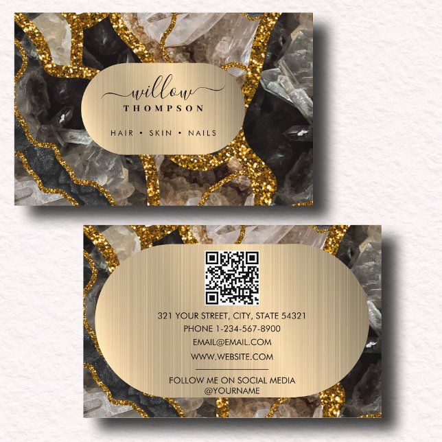 Carte De Visite Code QR marbre noir et or Géode Agate Parties scin (Black & Gold Agate Geode Glitter Marble QR Code Business Card)