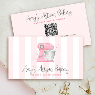 Carte De Visite Code QR mélangeur de boulangerie à aquarelle rose 