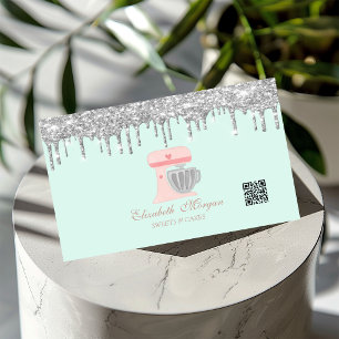 Carte De Visite Code QR mélangeur rose cœur gouttes argentées