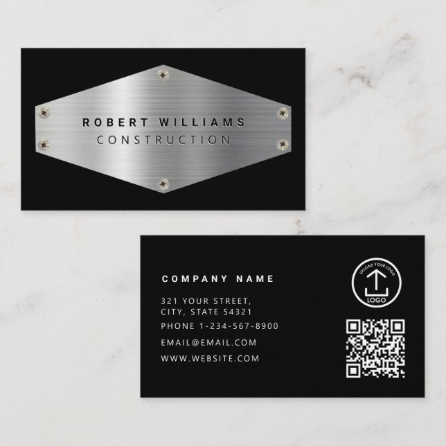 Carte De Visite Code QR Métal Construction Noir Métallisé Argent (Devant / Derrière)