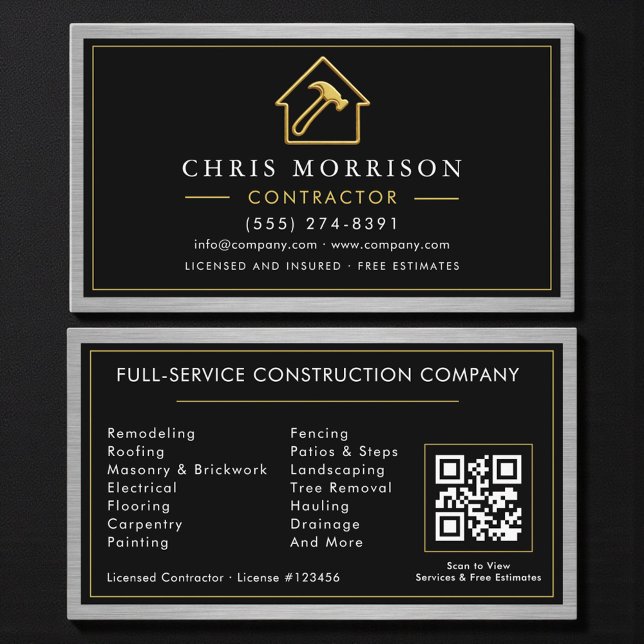 Carte De Visite Code QR métallique Construction de bâtiment noir  (Créateur téléchargé)