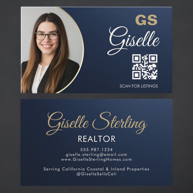 Carte De Visite Code QR métallisé de l'agent immobilier en bleu ma (Créateur téléchargé)