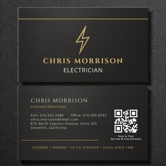 Carte De Visite Code QR métallisé Électricien noir (Créateur téléchargé)