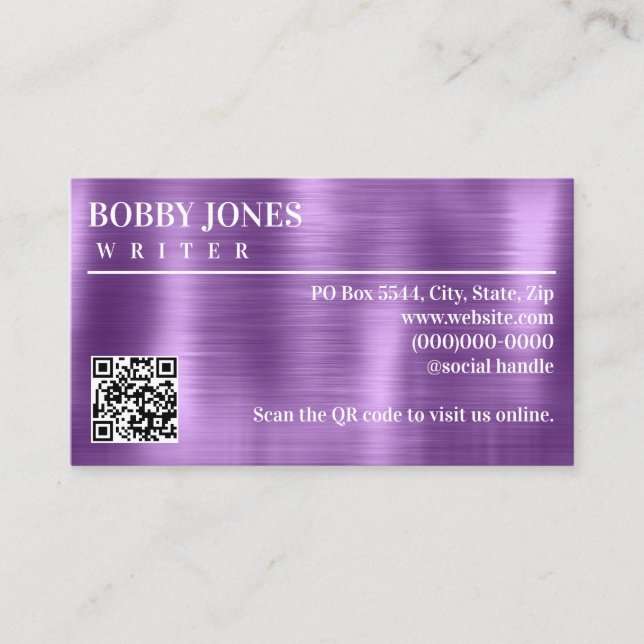 Carte De Visite Code QR métallisé élégant brossé violet (Devant)