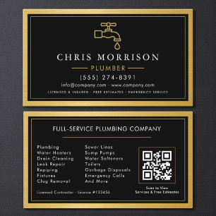 Carte De Visite Code QR métallisé or noir pour entrepreneur en plo
