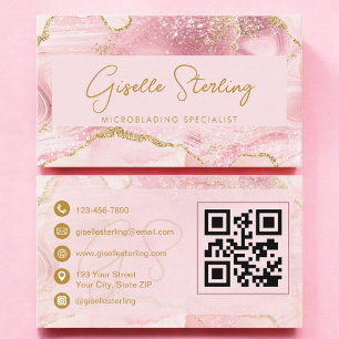 Carte De Visite Code QR Microblading Luxueux Rose Pâle Agate Or