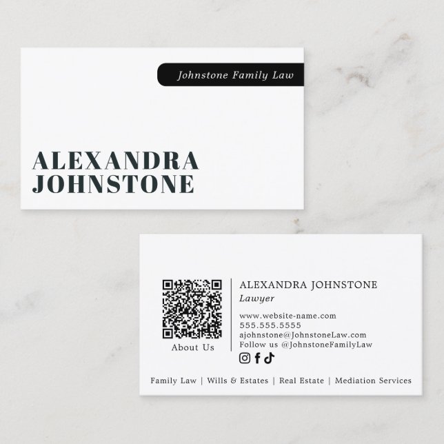 Carte De Visite Code QR minimal élégant noir blanc Professionnel (Devant / Derrière)
