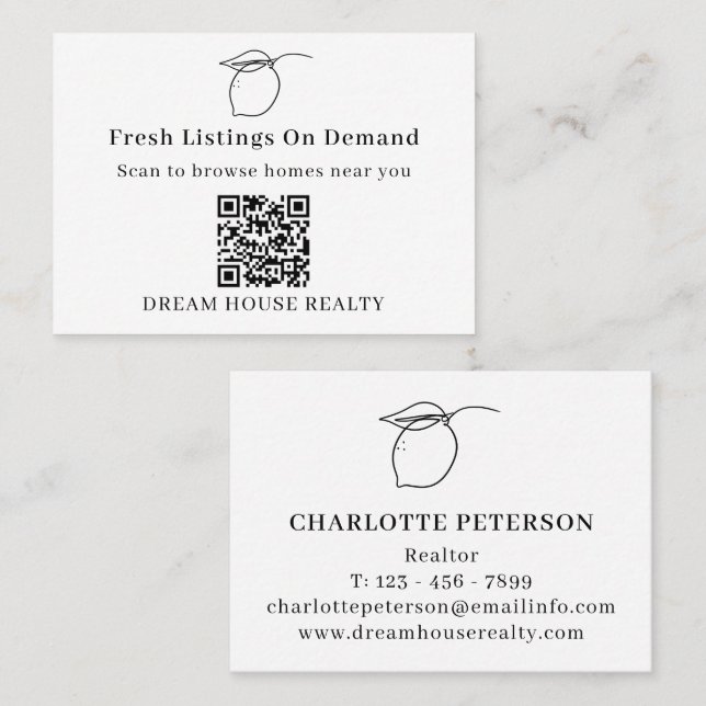 Carte De Visite Code QR minimal noir et blanc Été Immobilier (Devant / Derrière)