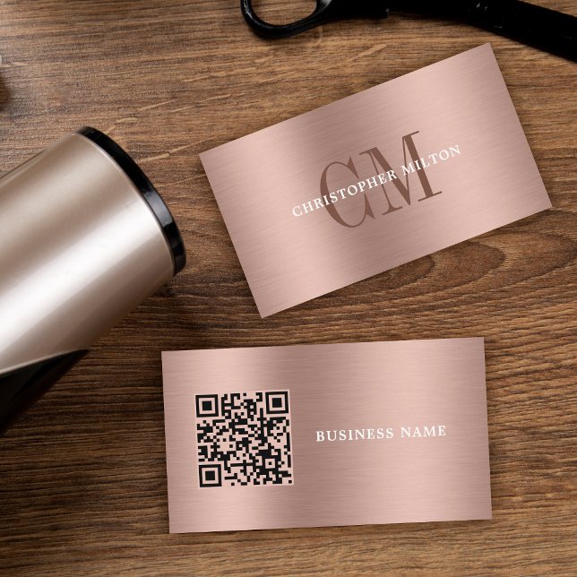 Carte De Visite Code QR Minimal Professionnel Métal Brossé Rose (Créateur téléchargé)