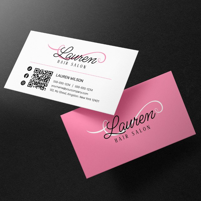 Carte De Visite Code QR Minimal Simple Blanc Rose pour Coiffeur (Créateur téléchargé)