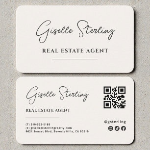 Carte De Visite Code QR minimaliste beige d'agent immobilier