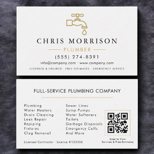 Carte De Visite Code QR Minimaliste Plombier Or Blanc