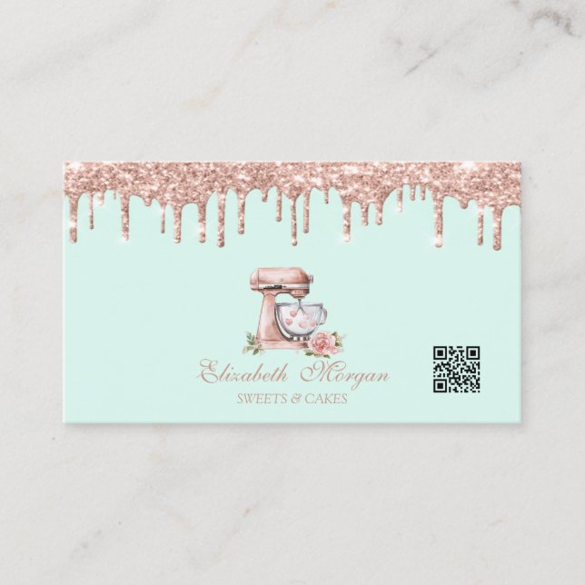 Carte De Visite Code QR Mixer Cœurs Fleurs Rose Gold Drips  (Devant)