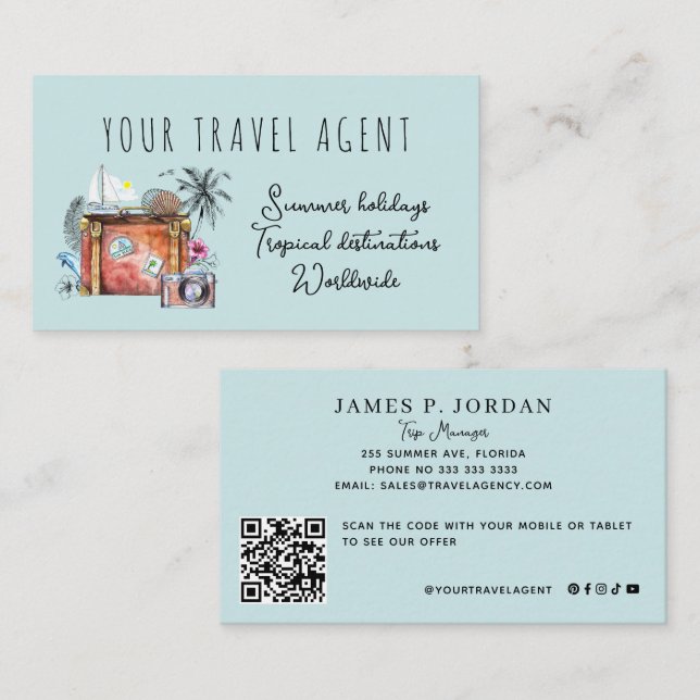 Carte De Visite CODE QR modèle d'agence de voyages vacances d'été (Devant / Derrière)