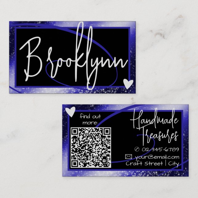 Carte De Visite Code QR Modèle élégant Royal Blue Frame Heart (Devant / Derrière)