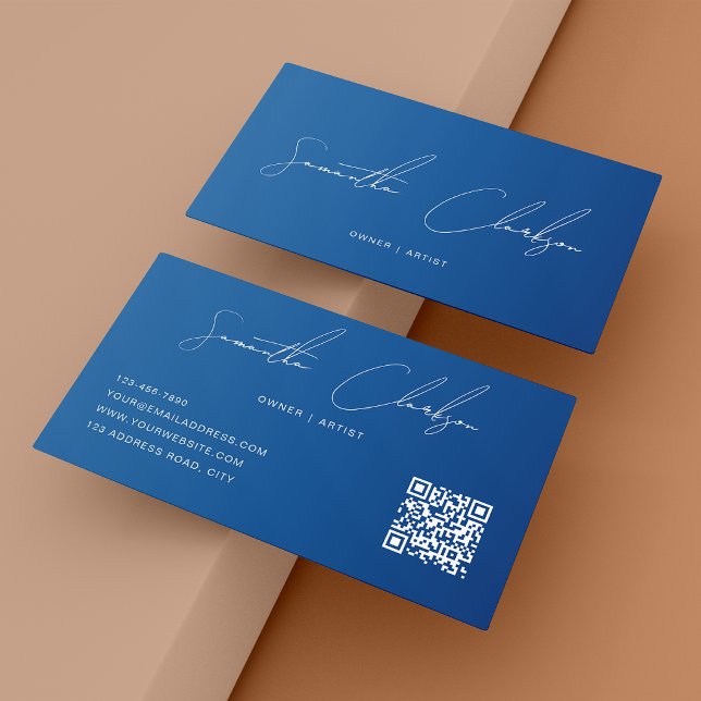 Carte De Visite Code QR Moderne Bleu Foncé Écriture Manuscrite (Créateur téléchargé)