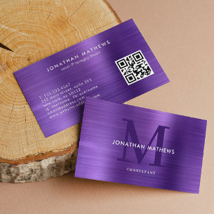 Carte De Visite Code QR moderne Brossé Métallique violet Monogramm