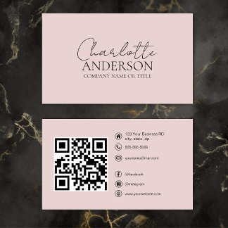 Carte De Visite Code QR moderne Custom Social Media Blush Pink