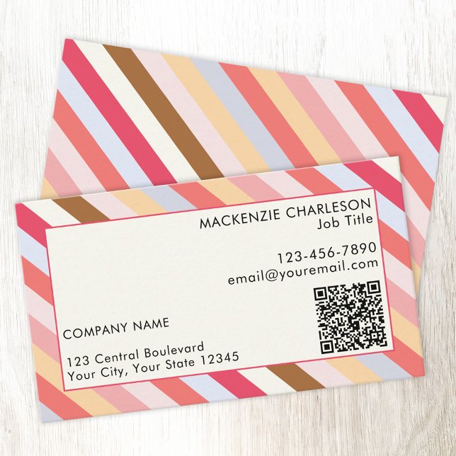 Carte De Visite Code QR moderne de bande diagonale (Muted candy stripe pattern business card with custom text and QR code)