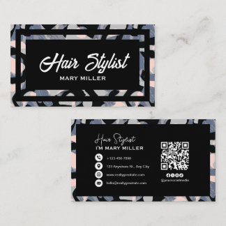 Carte De Visite Code QR Moderne de Styliste de Cheveux Abstrait Bl