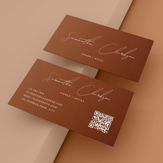 Carte De Visite Code QR Moderne Écriture Manuscrite Terracotta Pur (Créateur téléchargé)