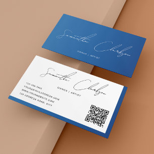Carte De Visite Code QR Moderne Élégant Bleu Écriture Manuscrite
