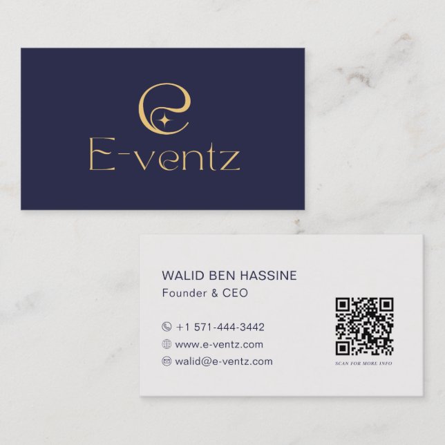 Carte De Visite Code QR moderne et logo d'entreprise l Bleu marine (Devant / Derrière)
